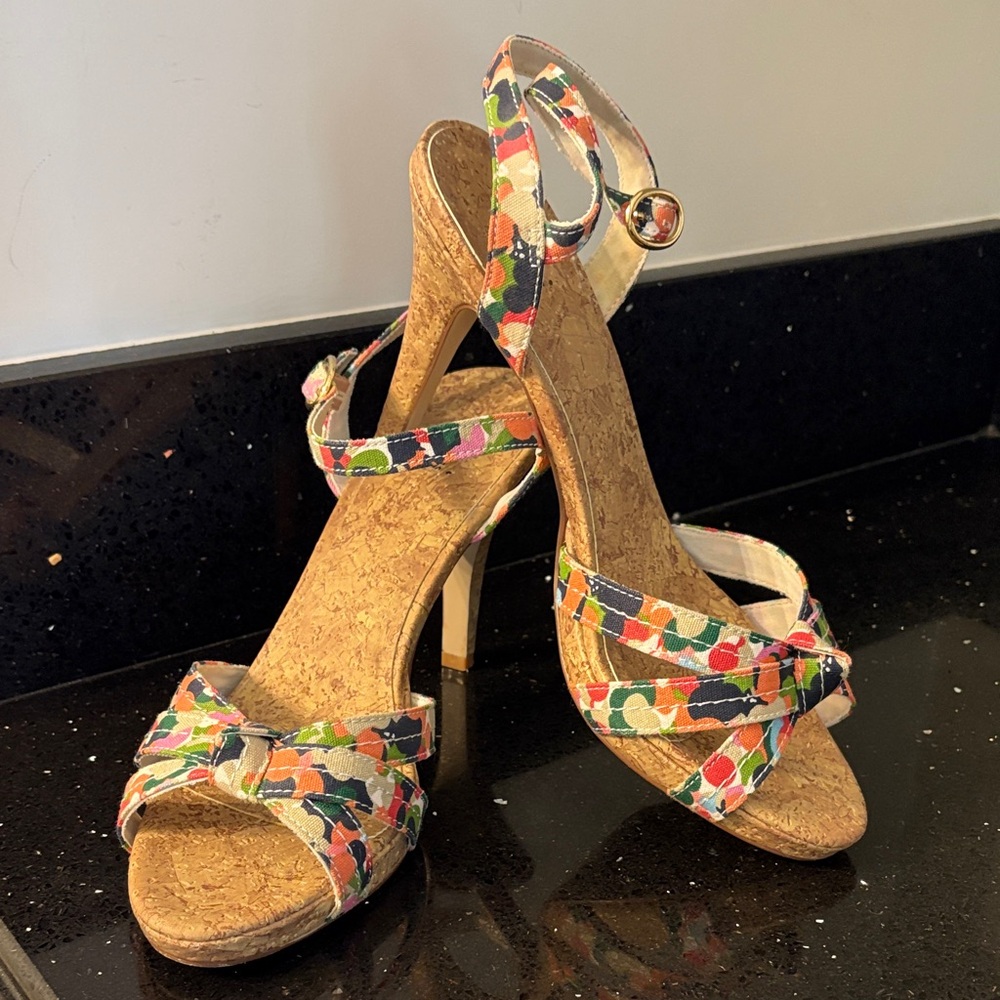 Fiomi Shabby Chic BOHO Floral Abstract Fabric Cork High Heel Stiletto Sandals